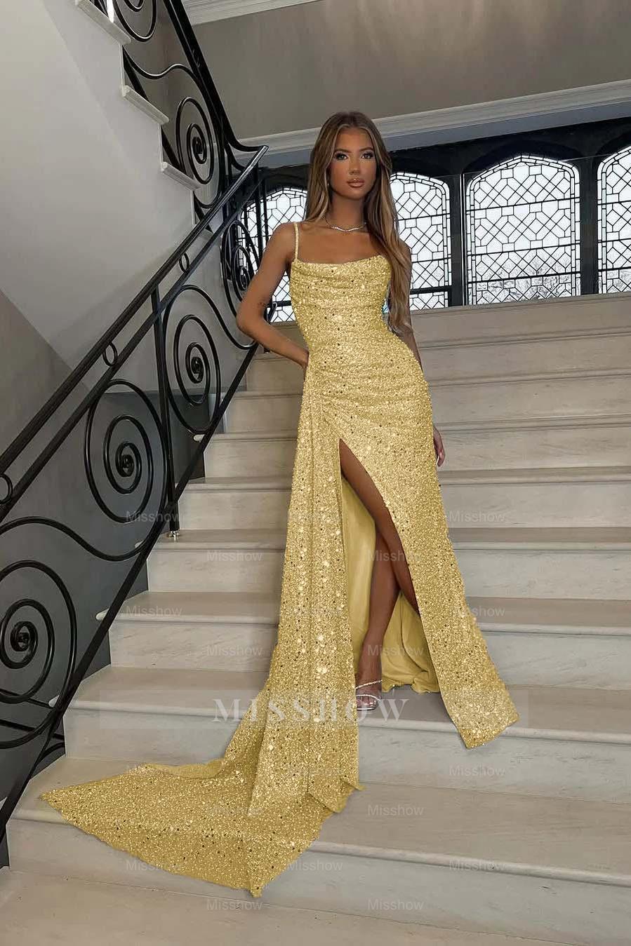 Sequins Spaghetti Strap Sleeveless Long Mermaid Formal Dress With Split