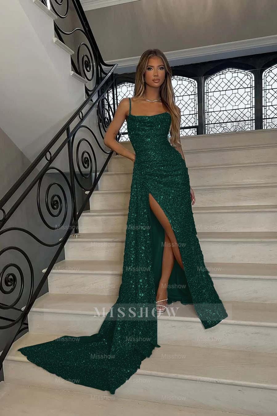 Sequins Spaghetti Strap Sleeveless Long Mermaid Formal Dress With Split