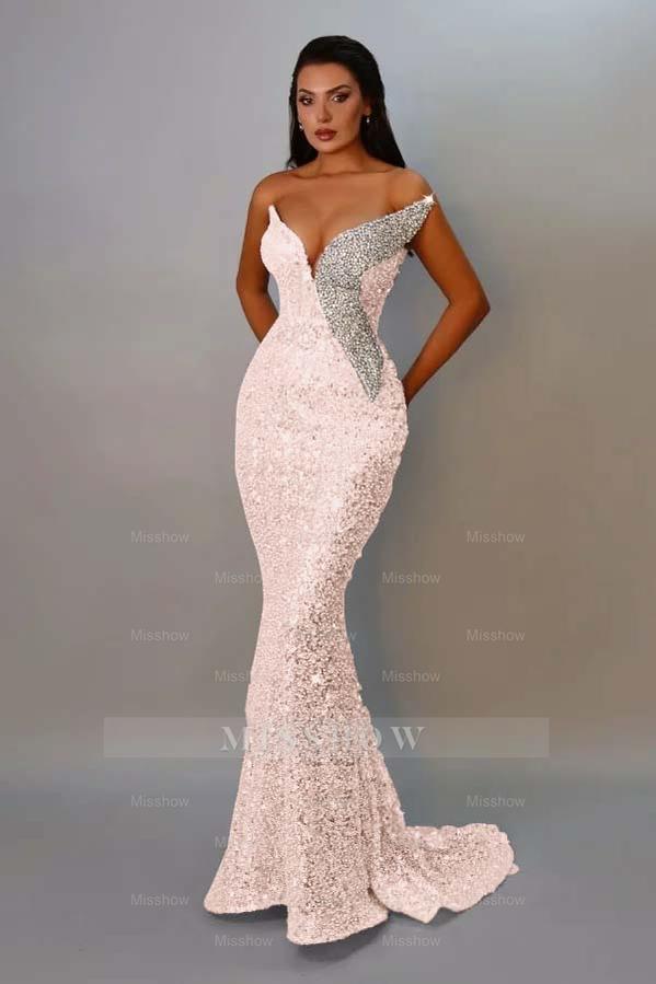 Sequins Strapless Sleeveless Long Mermaid Formal Dress With Pleated