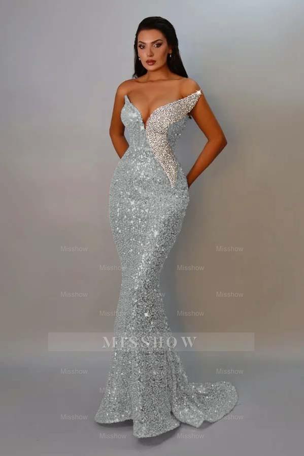 Sequins Strapless Sleeveless Long Mermaid Formal Dress With Pleated