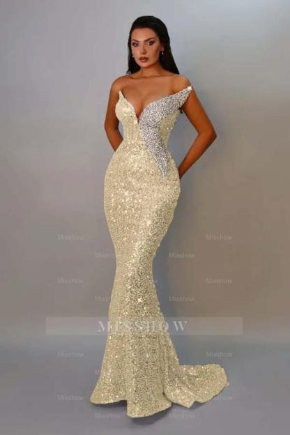 Sequins Strapless Sleeveless Long Mermaid Formal Dress With Pleated