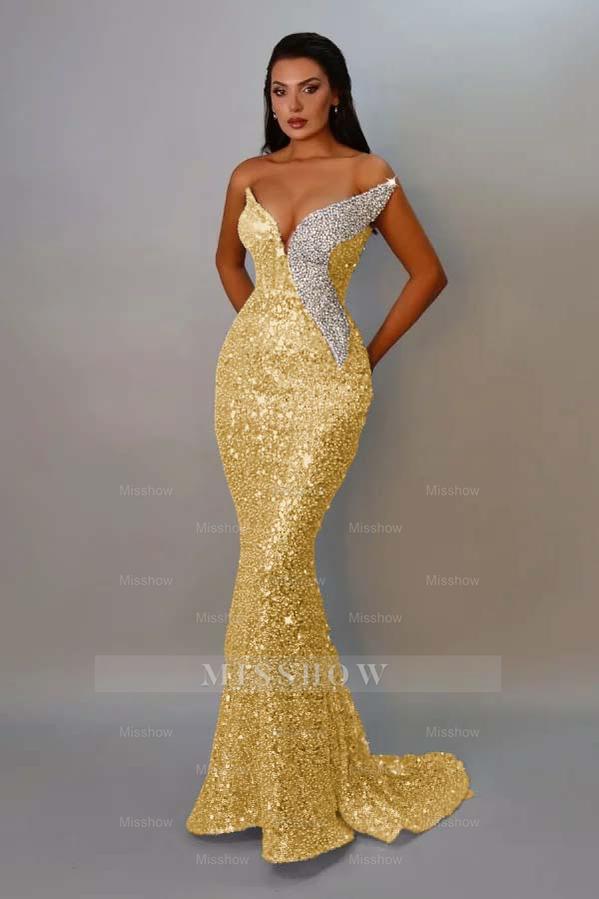 Sequins Strapless Sleeveless Long Mermaid Formal Dress With Pleated