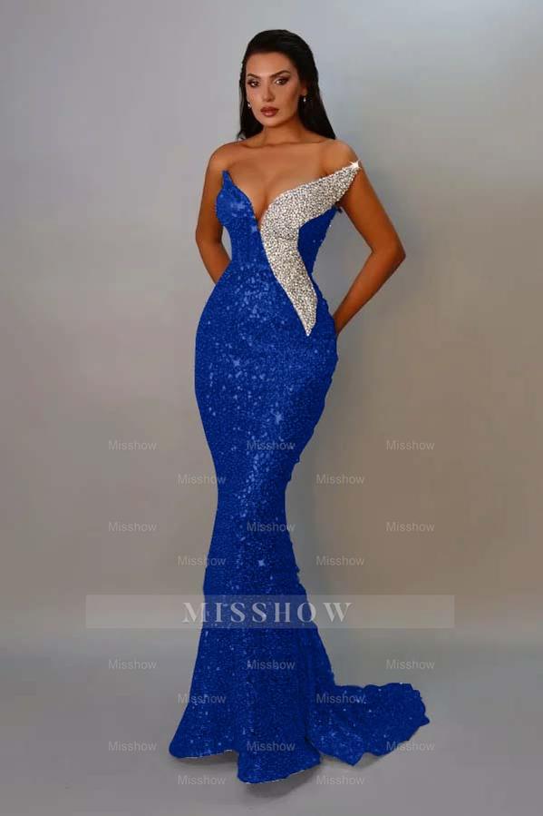 Sequins Strapless Sleeveless Long Mermaid Formal Dress With Pleated