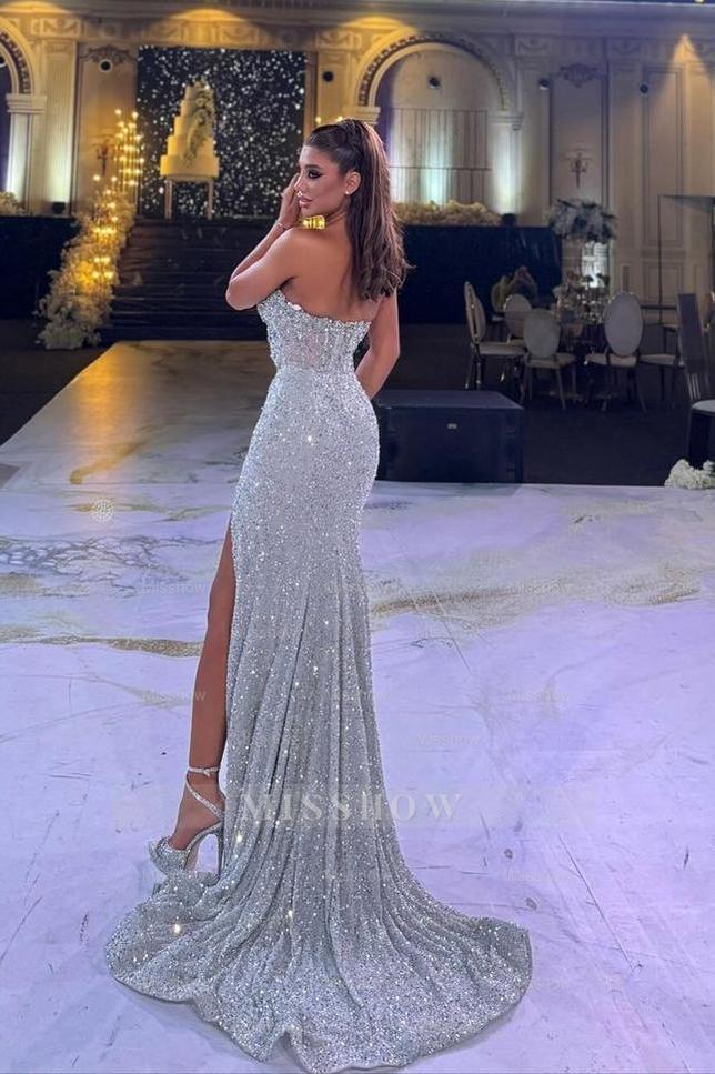 Sequins Strapless Sleeveless Split Long Formal Dress With Beading