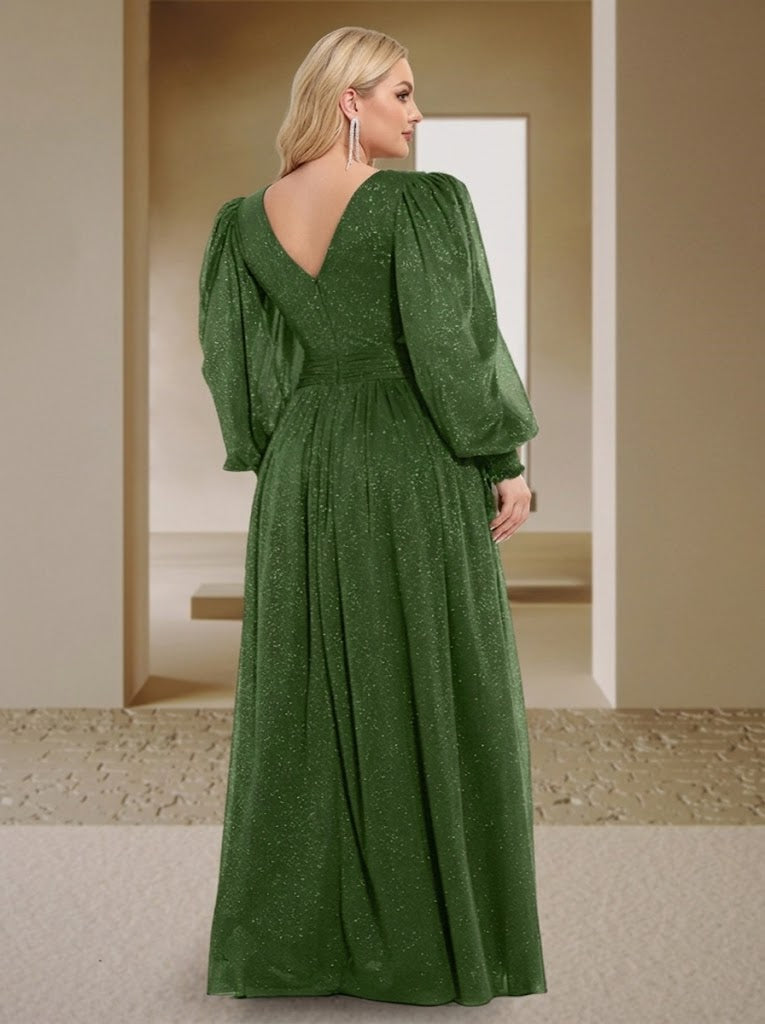 Sexy A Line Princess V Neck Long Sleeves Floor Length Plus Size Bridesmaid Dresses with Side Slit
