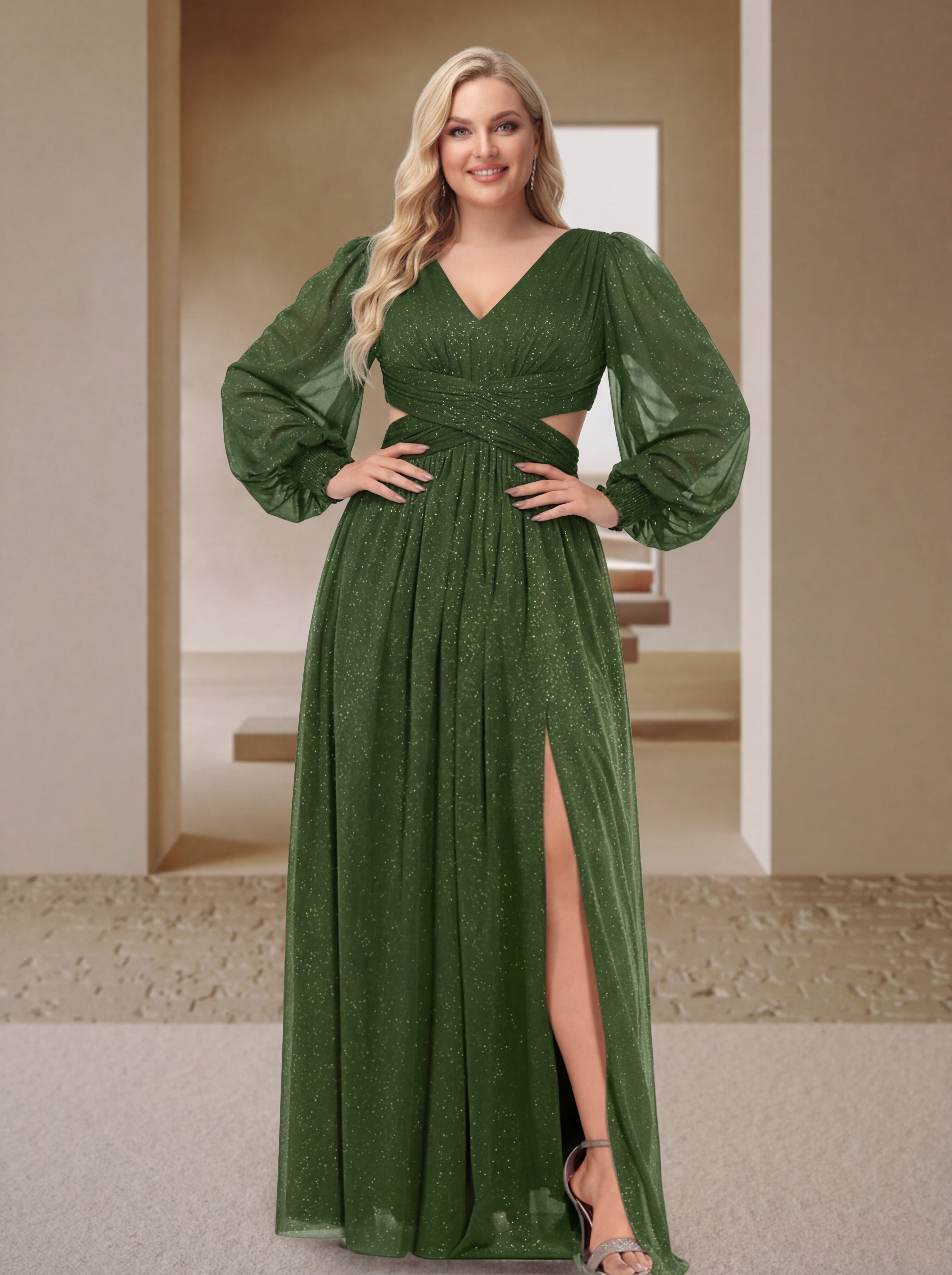 Sexy A Line Princess V Neck Long Sleeves Floor Length Plus Size Bridesmaid Dresses with Side Slit