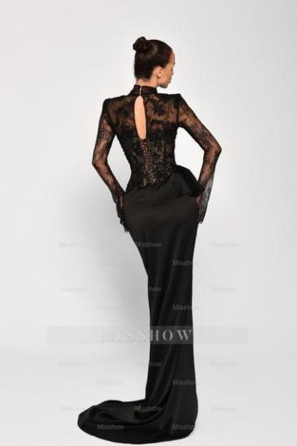 Sexy Black Mermaid High-Neck Long Sleeves Lace Panel Train Satin Ruffle Evening Dresses With High Slit
