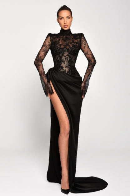 Sexy Black Mermaid High-Neck Long Sleeves Lace Panel Train Satin Ruffle Evening Dresses With High Slit