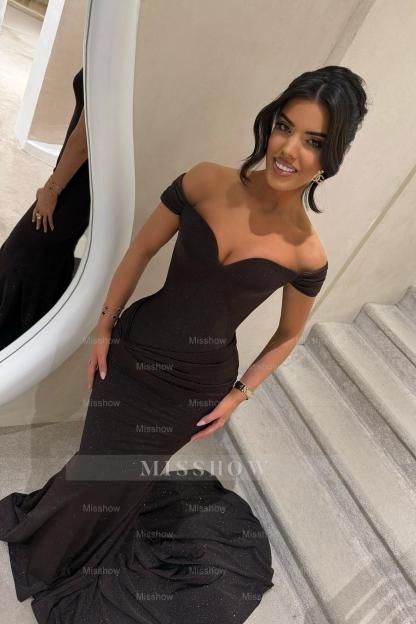 Sexy Black Mermaid Sweetheart Off-The-Shoulder Sleeveless Ruffle Sweep Train Simple Satin Evening Dresses