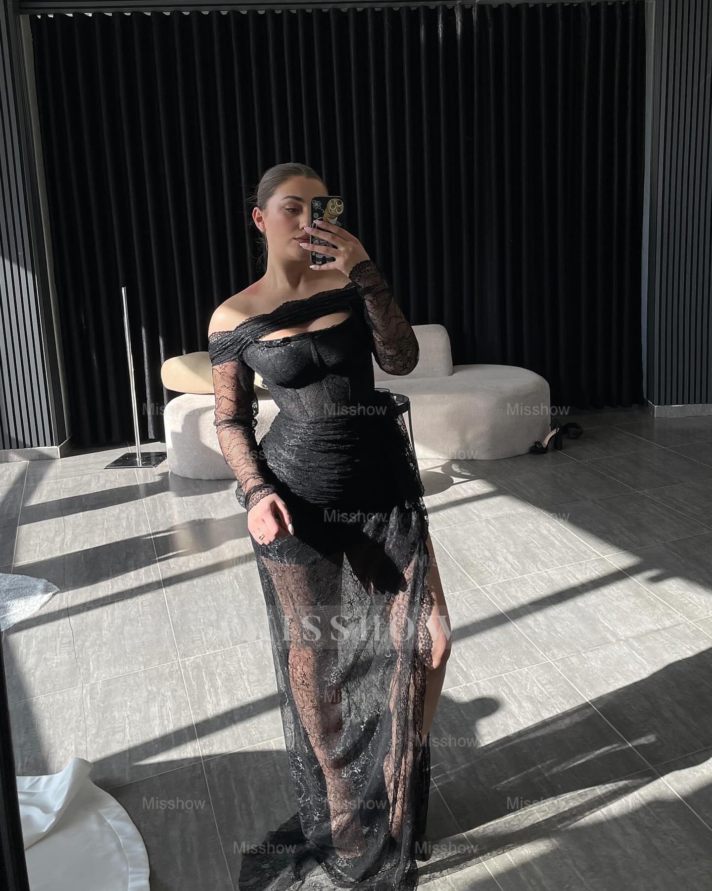 Sexy Black Off-The-Shoulder Long-Sleeve Column Evening Dress with Split