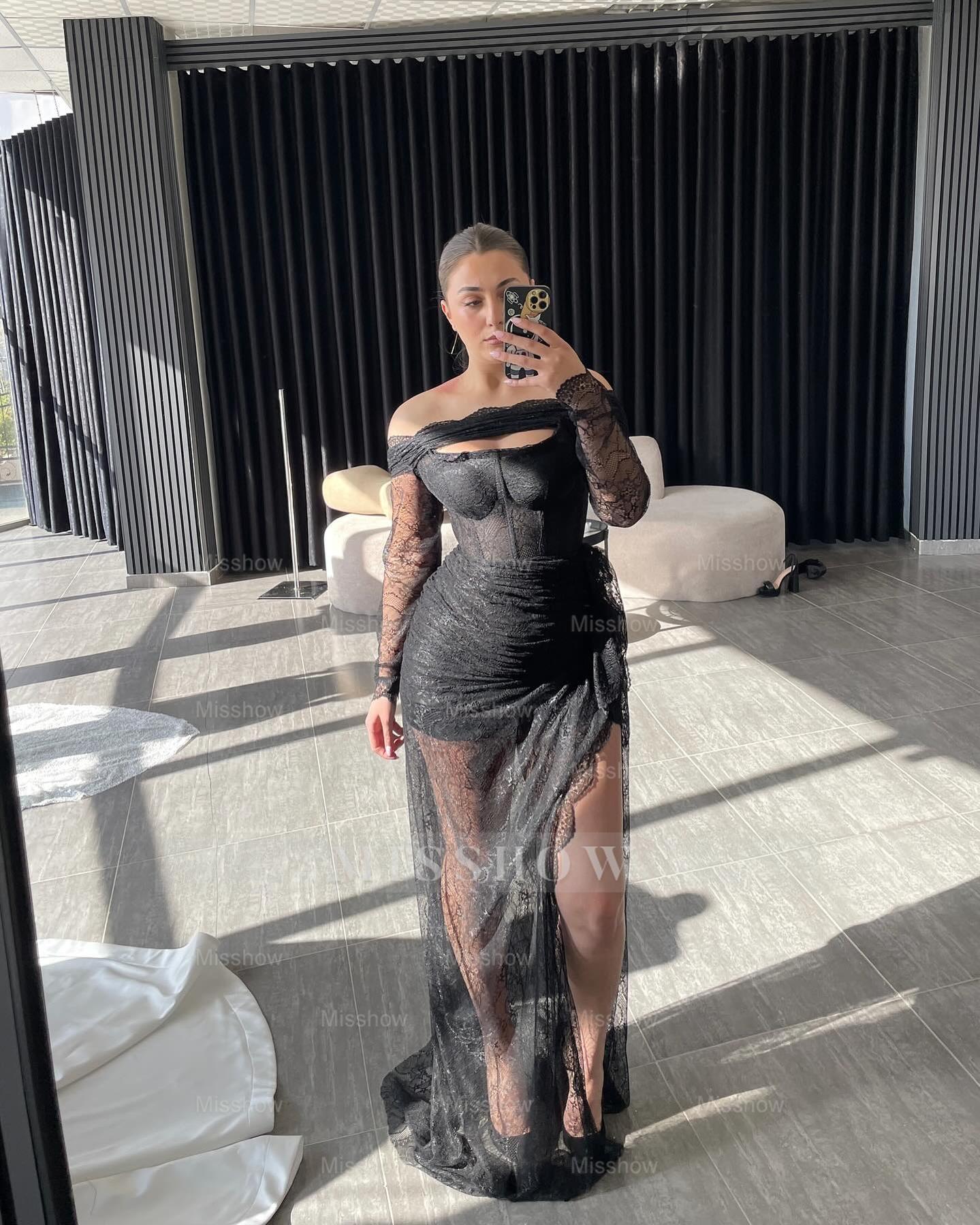 Sexy Black Off-The-Shoulder Long-Sleeve Column Evening Dress with Split