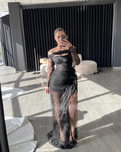 Sexy Black Off-The-Shoulder Long-Sleeve Column Evening Dress with Split