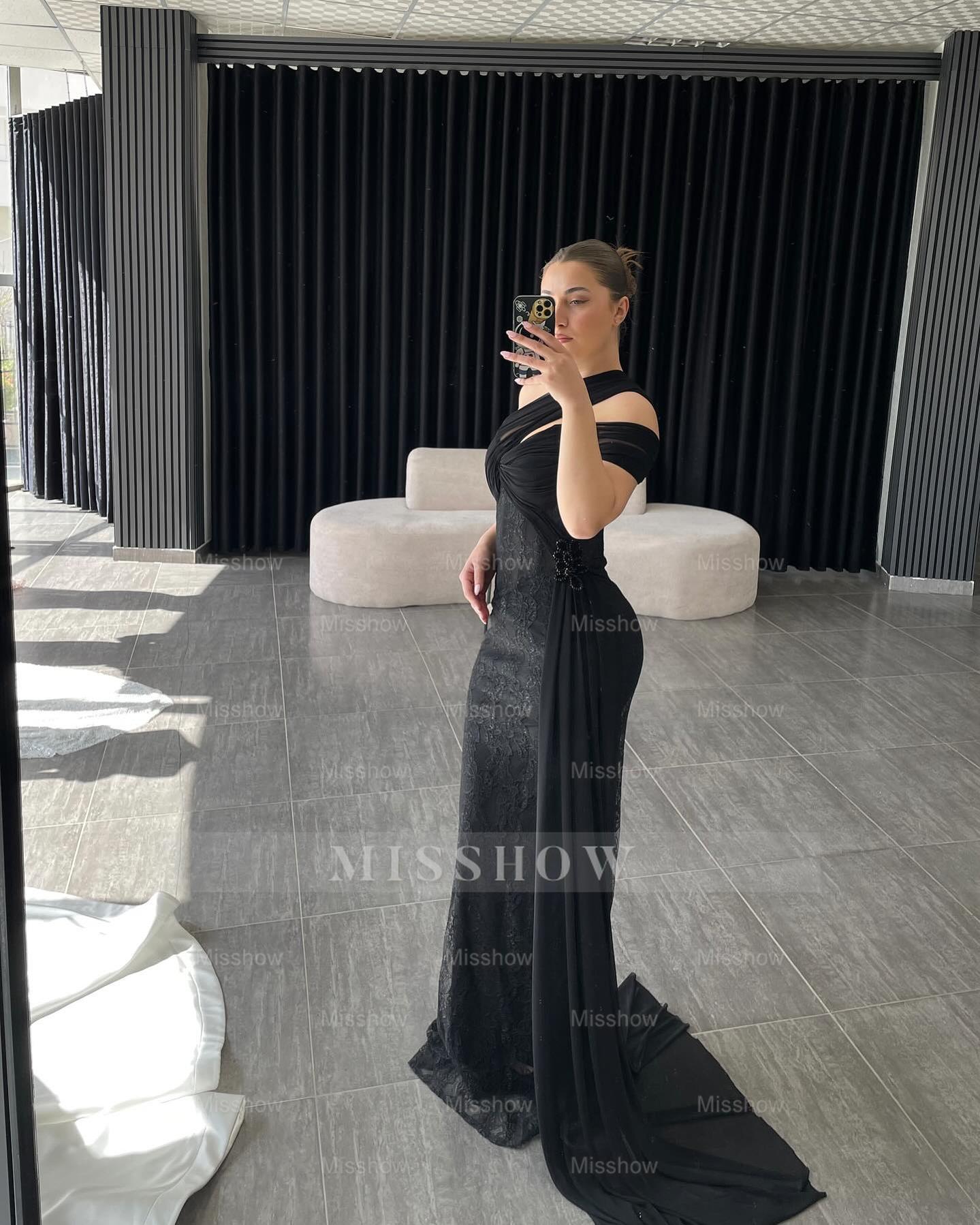 Sexy Black One Shoulder Sleeveless Mermaid Evening Dress with Appliques
