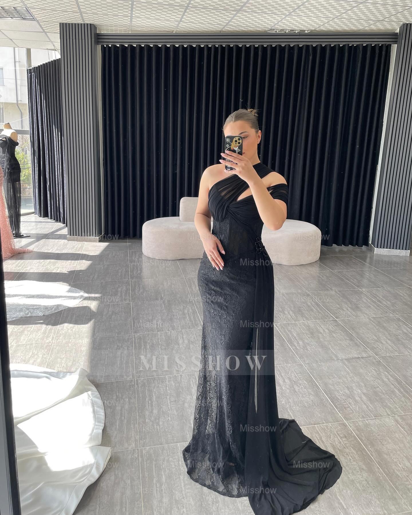 Sexy Black One Shoulder Sleeveless Mermaid Evening Dress with Appliques