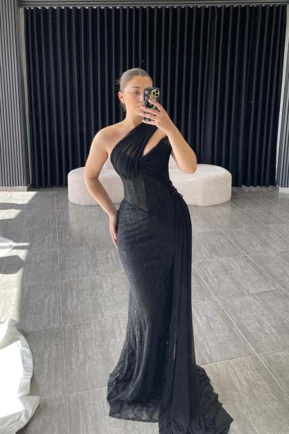 Sexy Black One Shoulder Sleeveless Mermaid Evening Dress with Appliques
