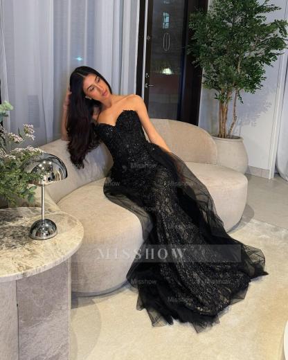 Sexy Black Sweetheart Sleeveless Mermaid Evening Dress with Panel Train