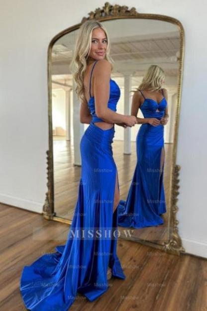 Sexy Blue Mermaid Sweetheart Spaghetti Strap Sweep Train Satin Split Front Simple Prom Dresses