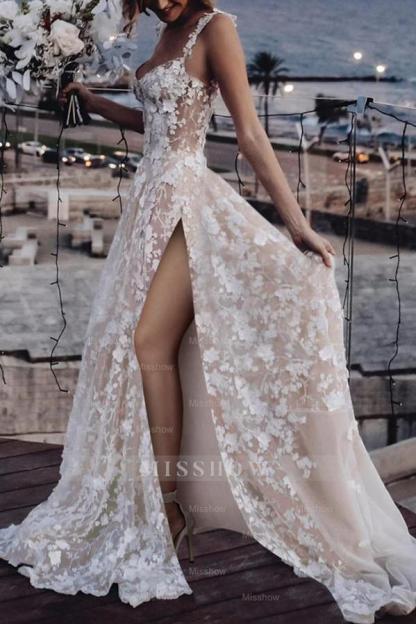 Sexy Ivory A-Line Spaghetti Strap V-neck Sleeveless Lace Long Tulle Wedding Dresses With High Slit