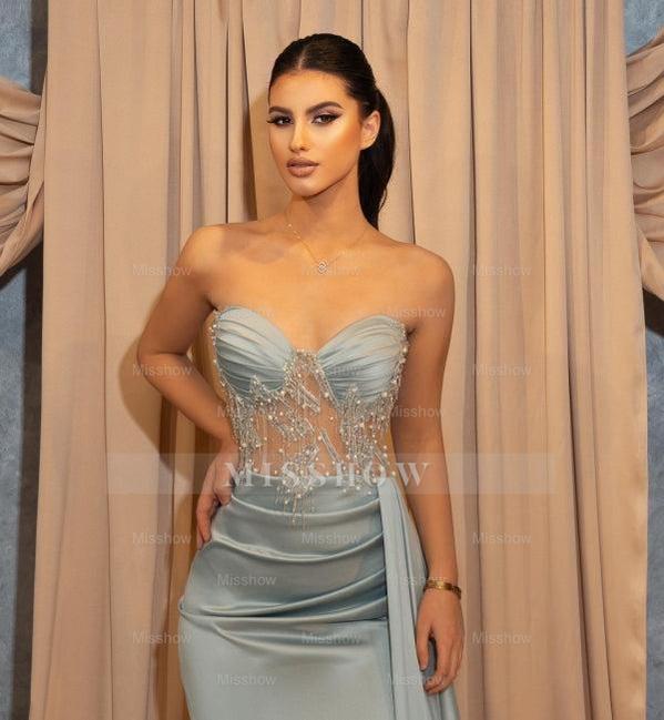 Sexy Long Blue Slit Glitter Mermaid Prom Evening Dresses with Ruffles