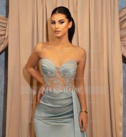 Sexy Long Blue Slit Glitter Mermaid Prom Evening Dresses with Ruffles