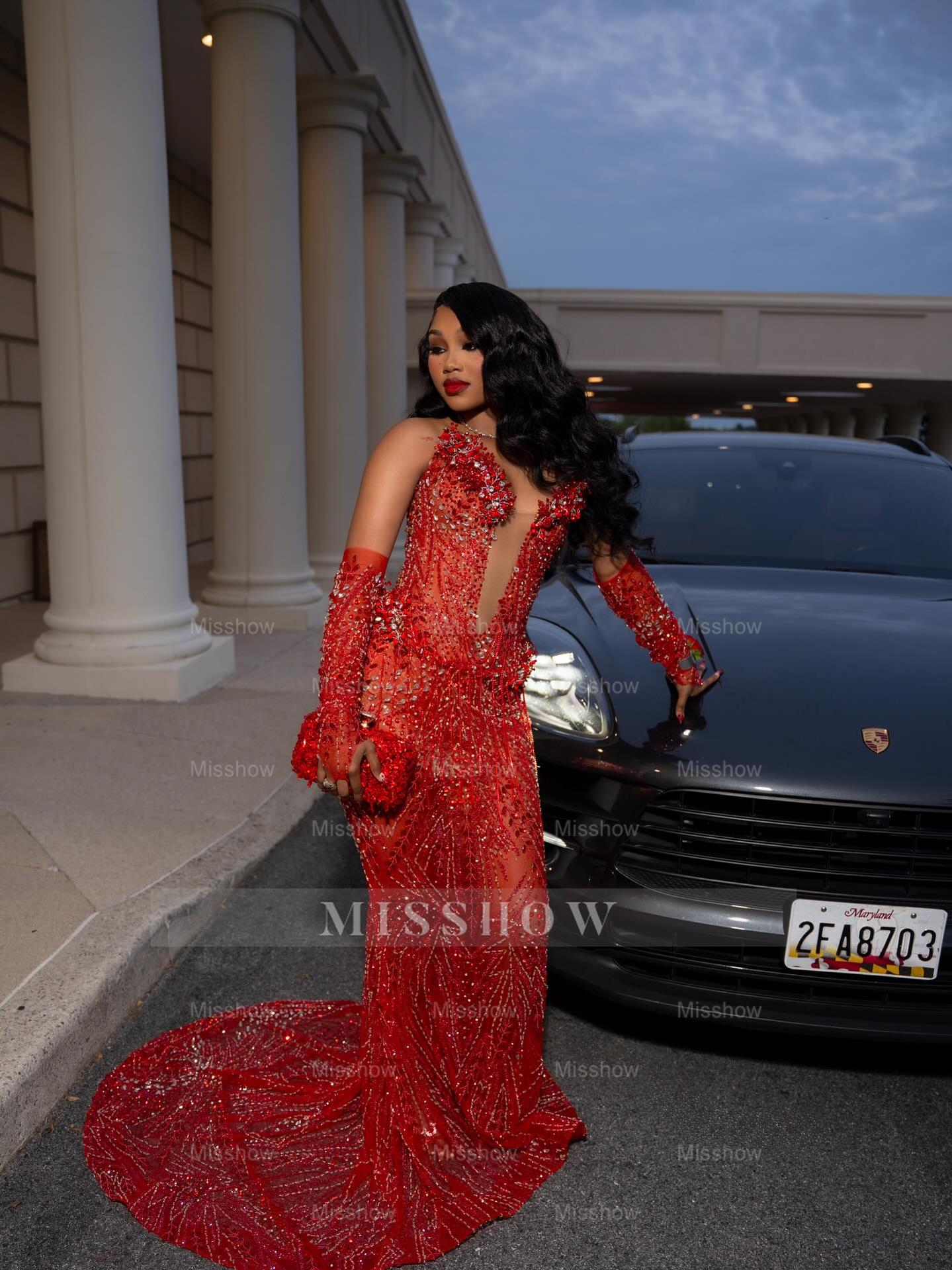 Sexy Long Red V-Neck Long Sleeves Mermaid Prom Dress with Rhinestones and Detachable Sleeves