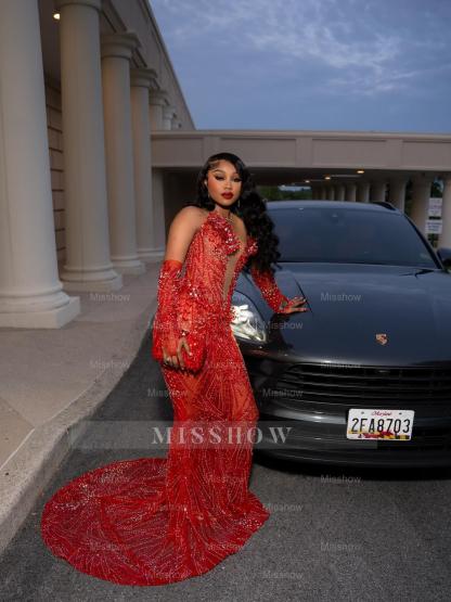 Sexy Long Red V-Neck Long Sleeves Mermaid Prom Dress with Rhinestones and Detachable Sleeves