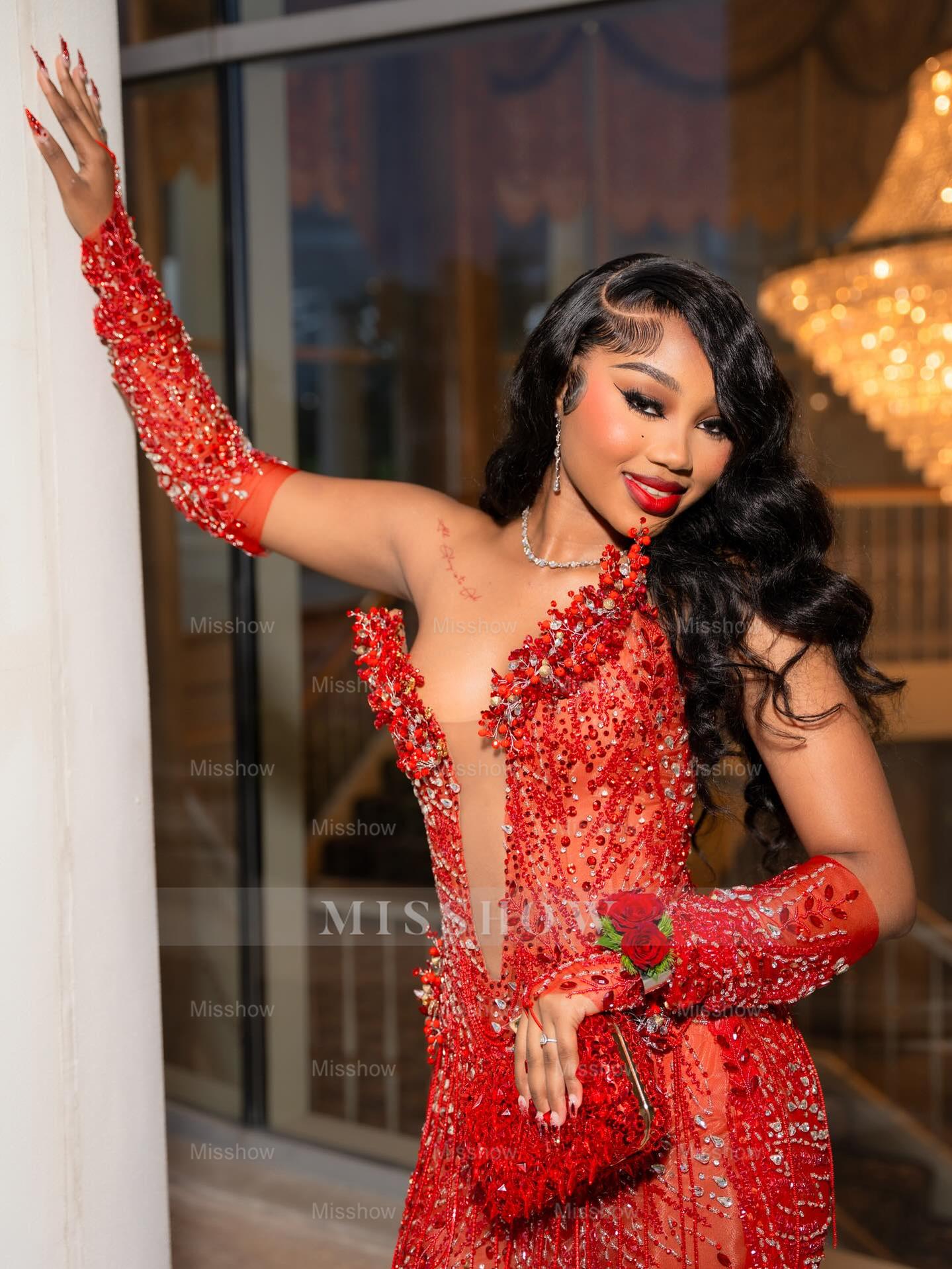 Sexy Long Red V-Neck Long Sleeves Mermaid Prom Dress with Rhinestones and Detachable Sleeves