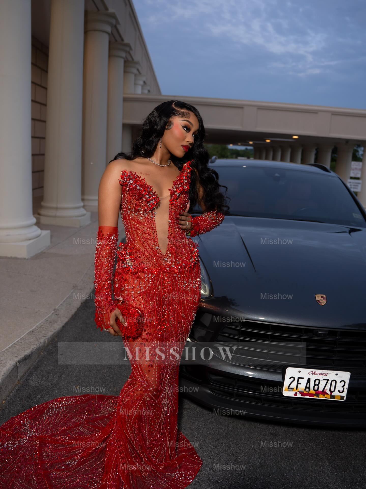 Sexy Long Red V-Neck Long Sleeves Mermaid Prom Dress with Rhinestones and Detachable Sleeves