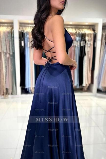 Sexy Long Simple Navy Blue Spaghetti Straps Prom Evening Dresses with Slit