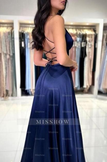 Sexy Long Simple Navy Blue Spaghetti Straps Prom Evening Dresses with Slit