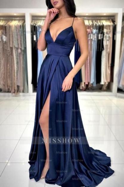 Sexy Long Simple Navy Blue Spaghetti Straps Prom Evening Dresses with Slit