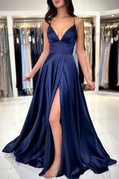 Sexy Long Simple Navy Blue Spaghetti Straps Prom Evening Dresses with Slit