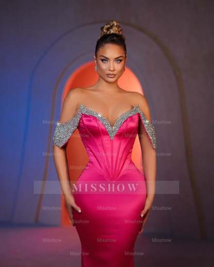Sexy Mermaid Off-the-shoulder Sleeveless Rhinestone Satin Prom Dresses