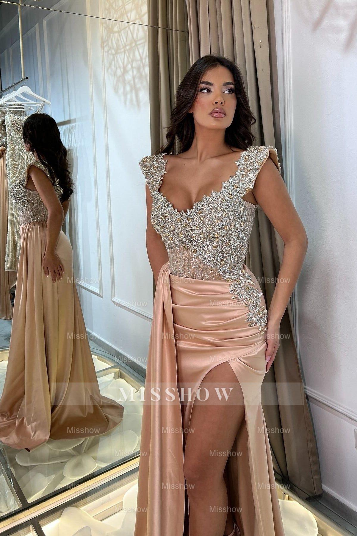 Sexy Pink Mermaid Sweetheart Sleeveless Beaded Ruffle Split Front Panel Train Satin Prom Dresses With Rhinestone
