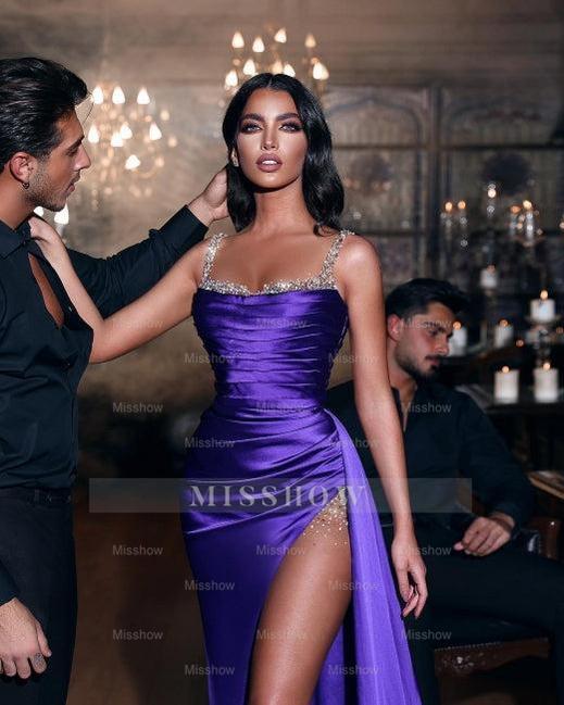 Sexy Purple Long Glitter Sleeveless Slit Mermaid Prom Evening Dresses