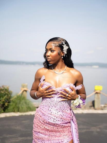 Sexy Purple Sweetheart Sleeveless Mermaid Prom Dress with Slit and Sequins