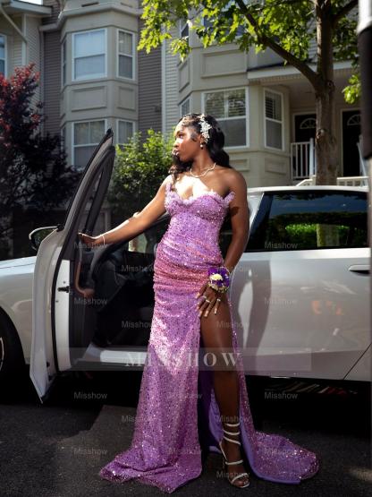 Sexy Purple Sweetheart Sleeveless Mermaid Prom Dress with Slit and Sequins