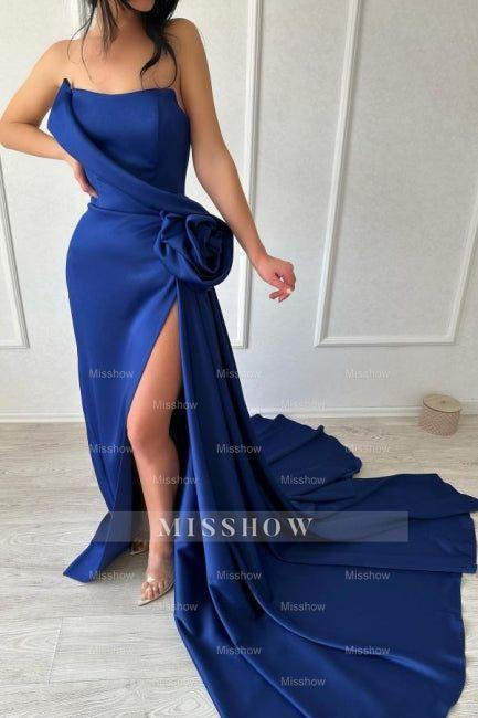 Sexy Simple Long Royal Blue Strapless Satin Prom Evening Dresses With Slit