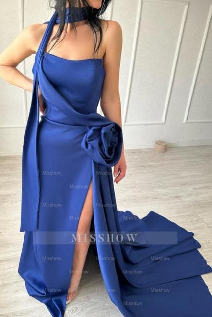 Sexy Simple Long Royal Blue Strapless Satin Prom Evening Dresses With Slit