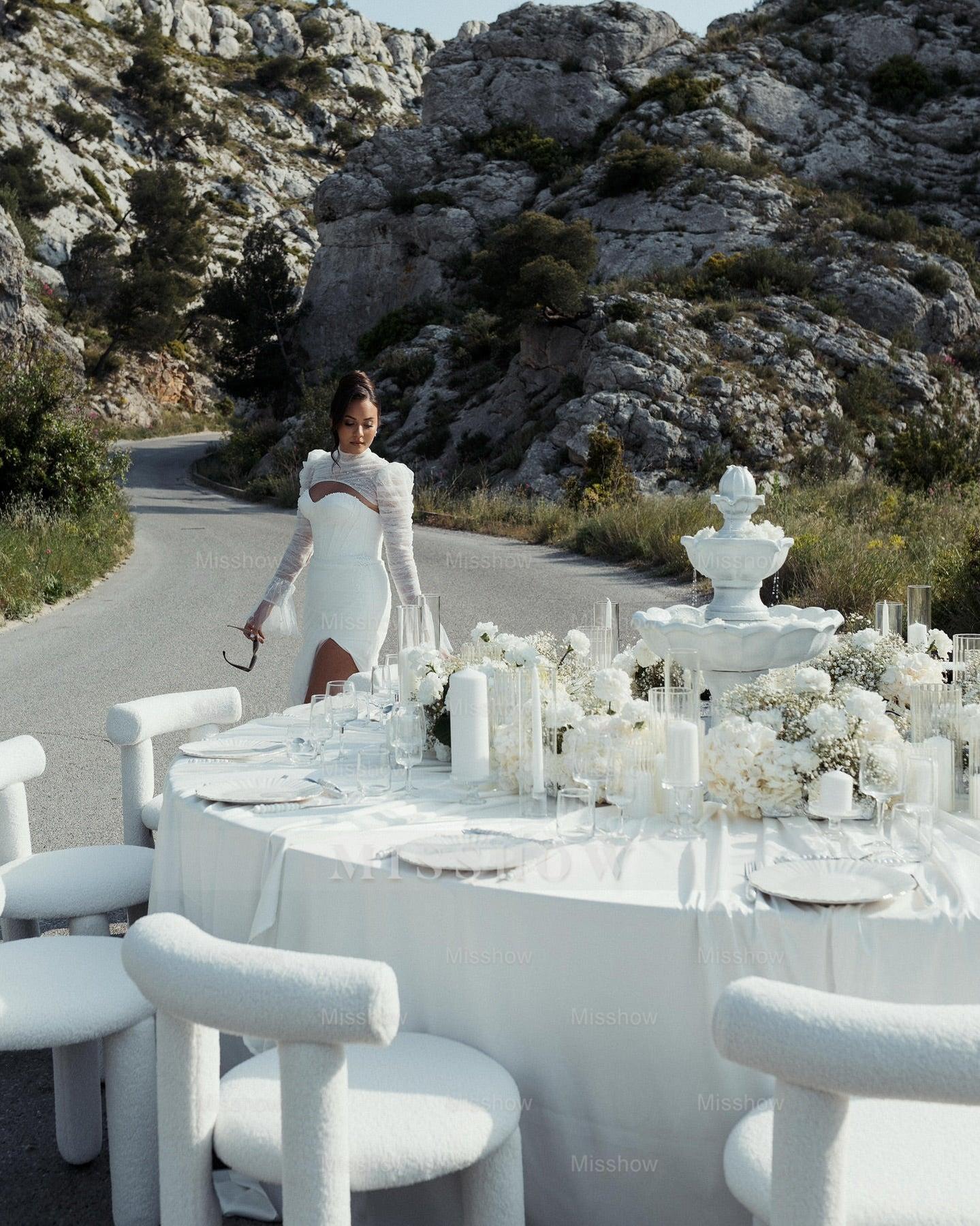 Sexy White Mermaid High-Neck Lace Sweetheart Long Sleeves Beaded Long Tulle Wedding Dresses With High Slit