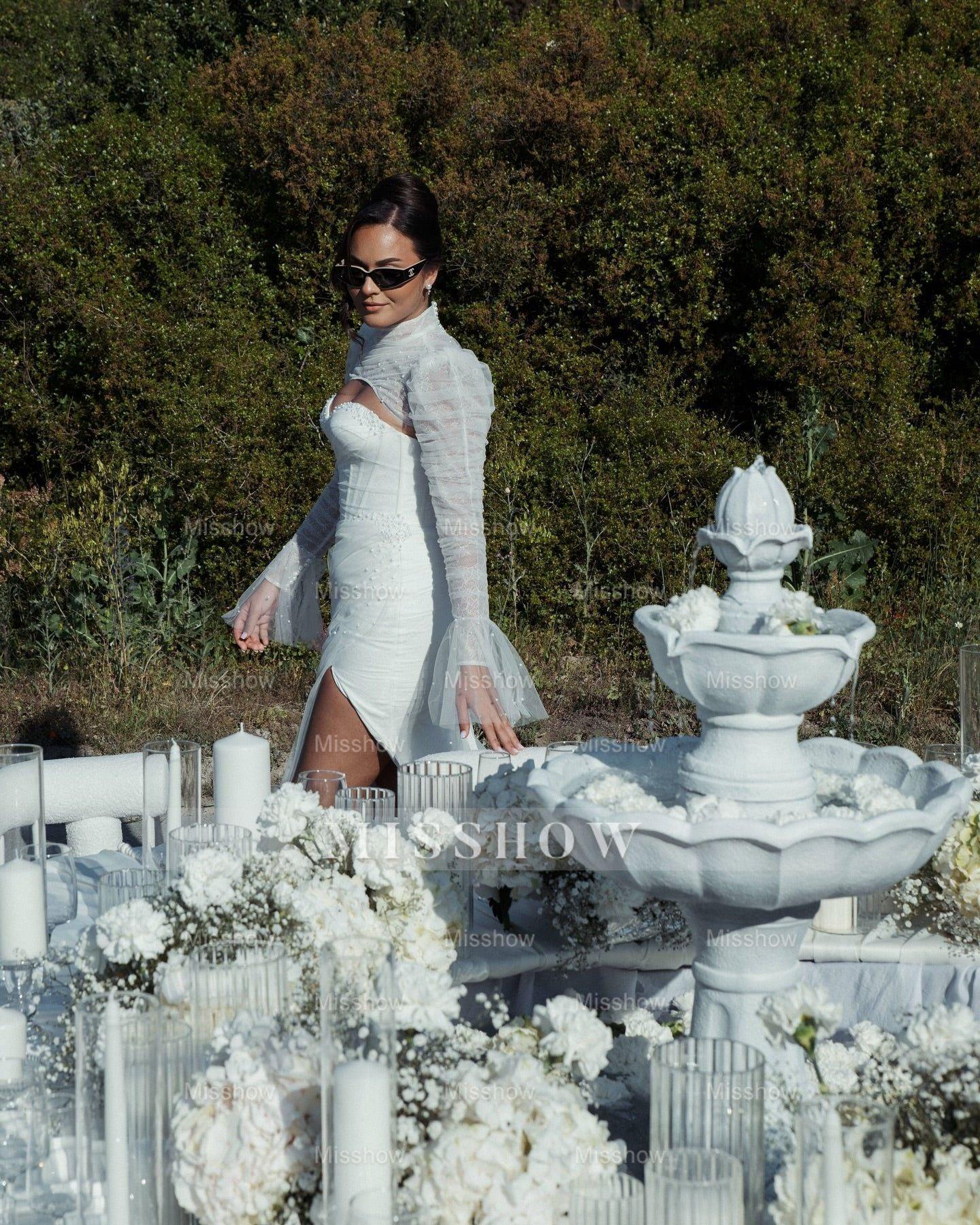 Sexy White Mermaid High-Neck Lace Sweetheart Long Sleeves Beaded Long Tulle Wedding Dresses With High Slit