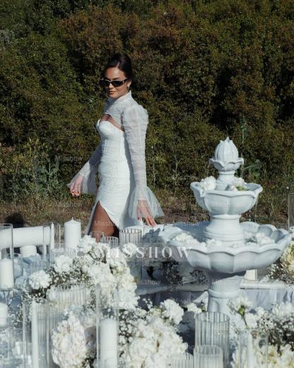 Sexy White Mermaid High-Neck Lace Sweetheart Long Sleeves Beaded Long Tulle Wedding Dresses With High Slit