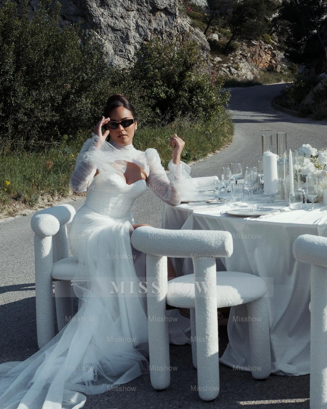 Sexy White Mermaid High-Neck Lace Sweetheart Long Sleeves Beaded Long Tulle Wedding Dresses With High Slit