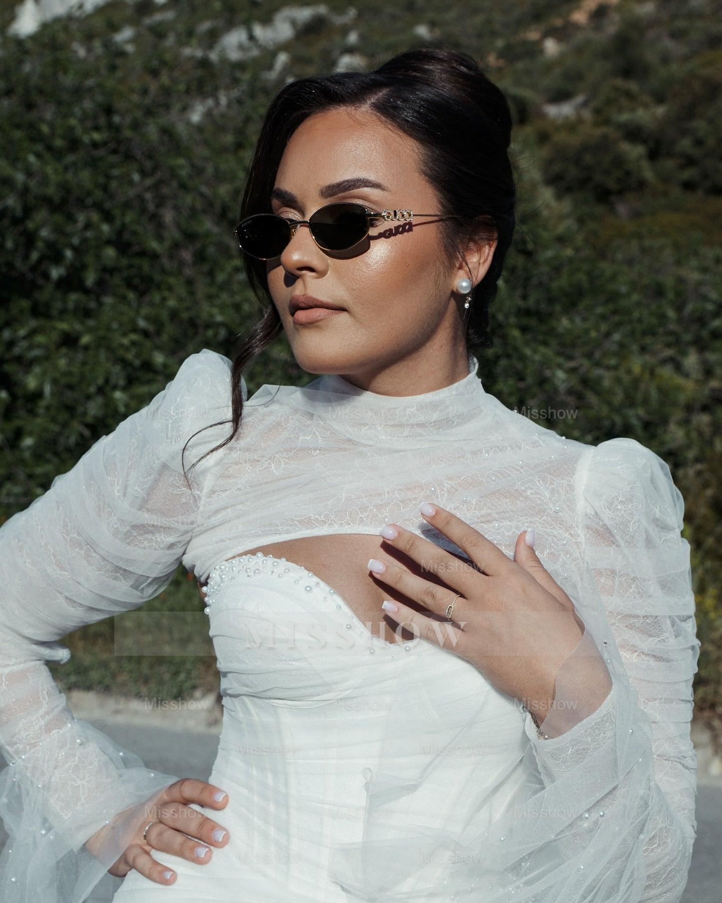 Sexy White Mermaid High-Neck Lace Sweetheart Long Sleeves Beaded Long Tulle Wedding Dresses With High Slit