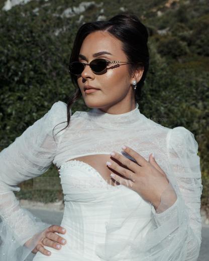 Sexy White Mermaid High-Neck Lace Sweetheart Long Sleeves Beaded Long Tulle Wedding Dresses With High Slit