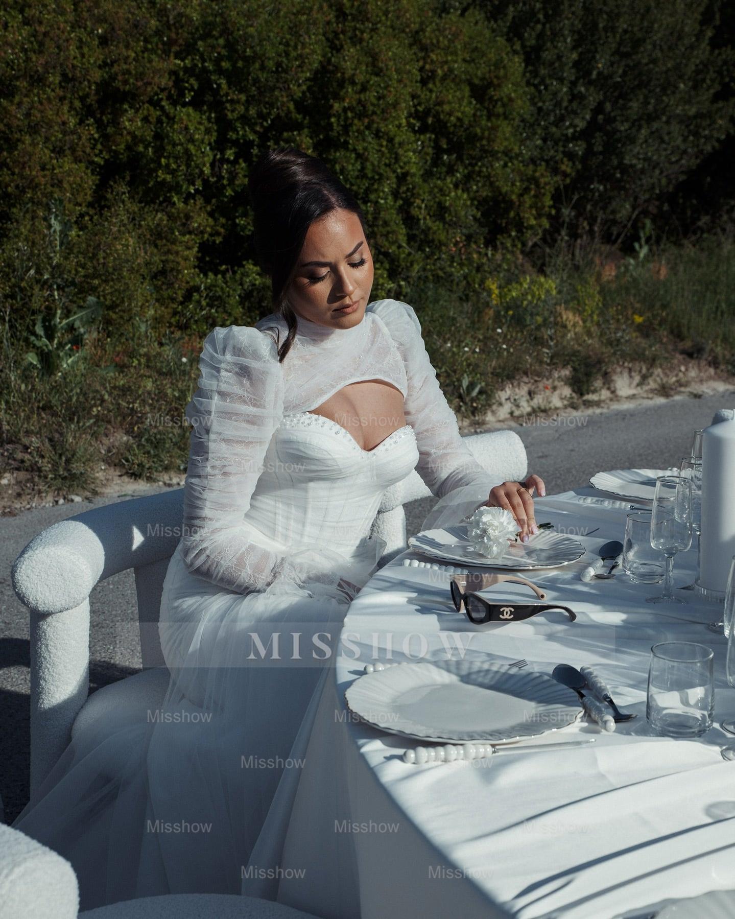 Sexy White Mermaid High-Neck Lace Sweetheart Long Sleeves Beaded Long Tulle Wedding Dresses With High Slit