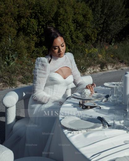 Sexy White Mermaid High-Neck Lace Sweetheart Long Sleeves Beaded Long Tulle Wedding Dresses With High Slit