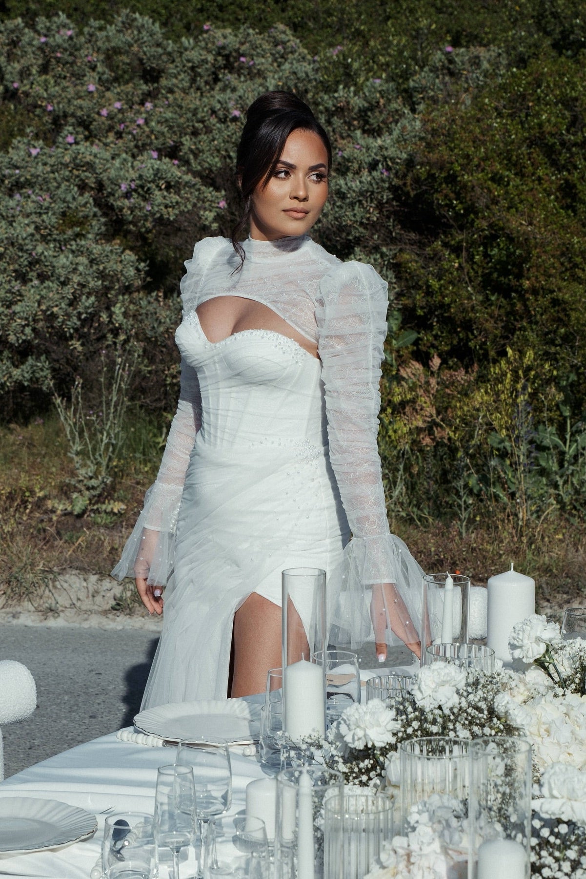 Sexy White Mermaid High-Neck Lace Sweetheart Long Sleeves Beaded Long Tulle Wedding Dresses With High Slit