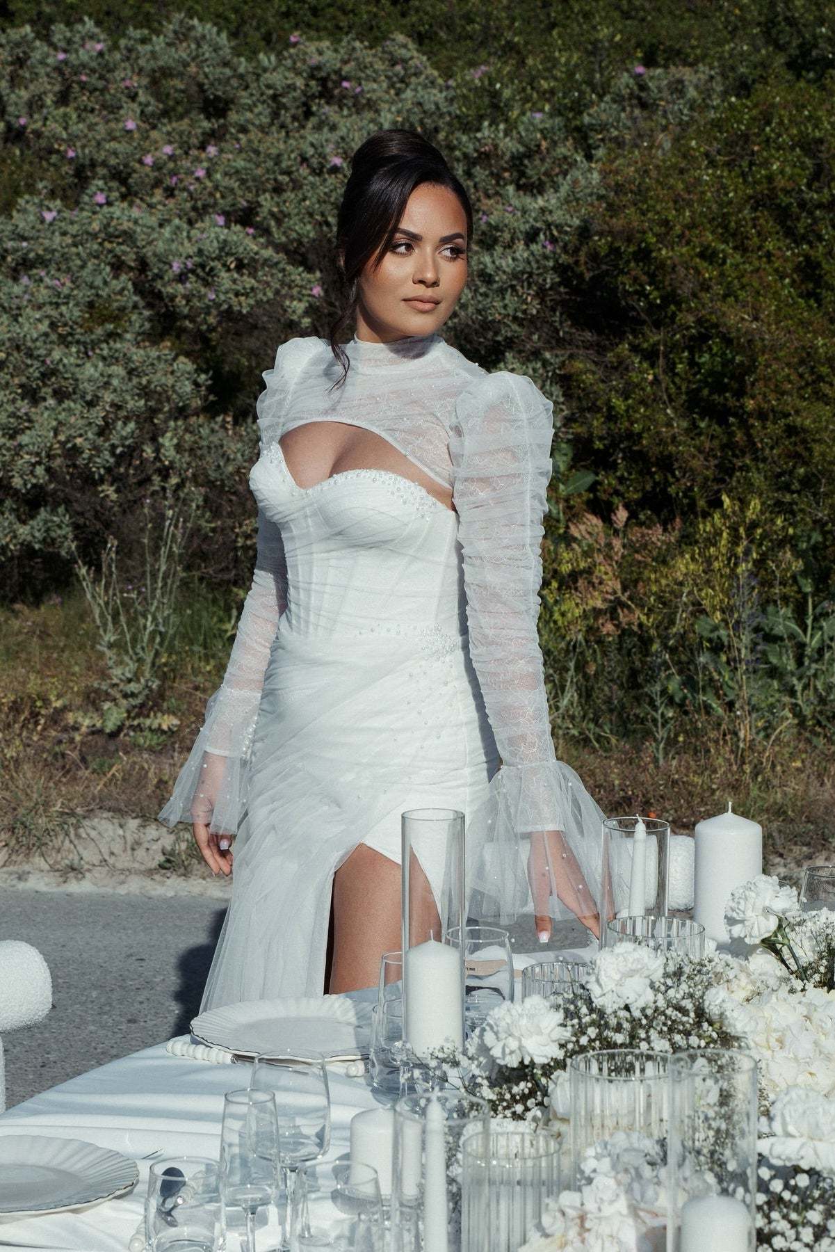 Sexy White Mermaid High-Neck Lace Sweetheart Long Sleeves Beaded Long Tulle Wedding Dresses With High Slit