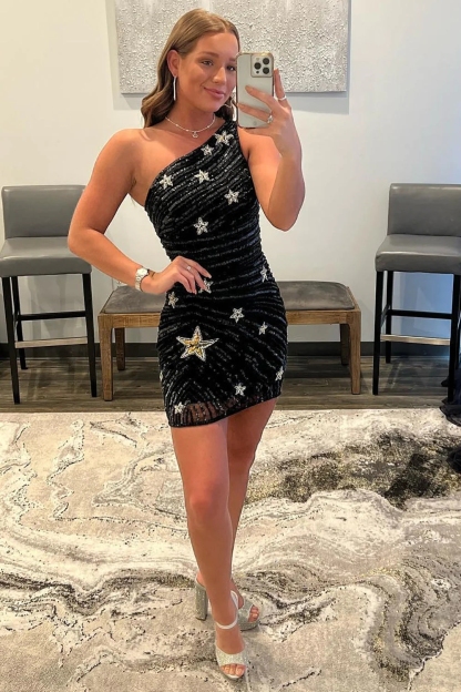 Sparkly Sheath One Shoulder Black Sequins Short Cocktail Dress With Star 1